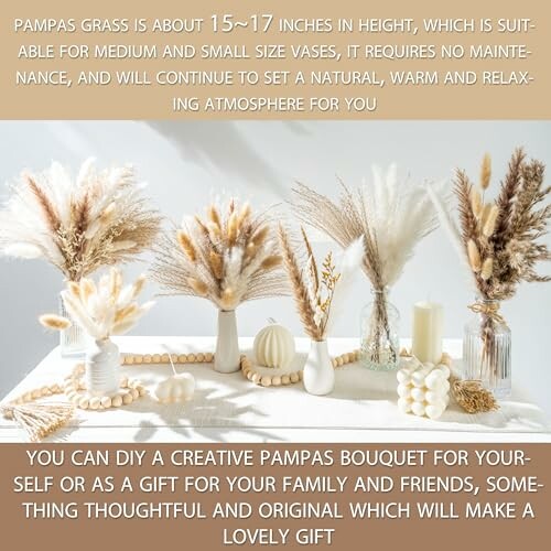 Pampas grass arrangement in vases on a table.